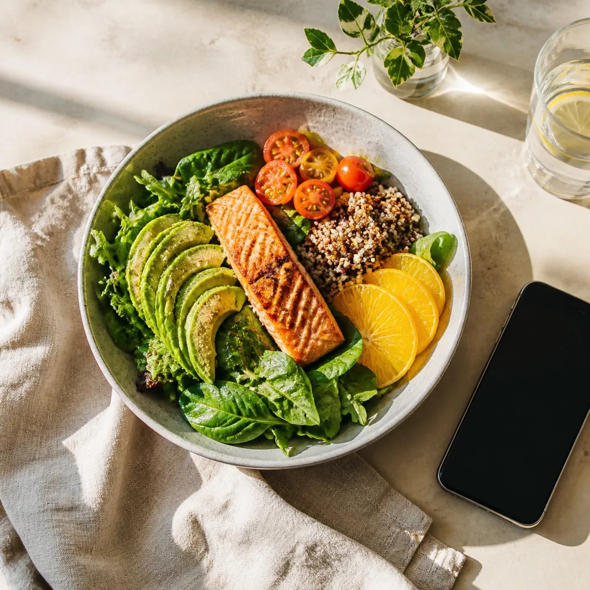 A balanced salmon bowl photographed for meal analysis
